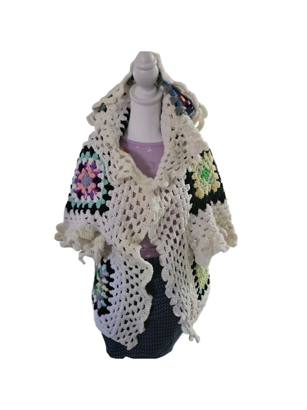 Hand Crafted Crochet Granny Square Cardigan open front Hooded Colorfull Sweater - Picture 8 of 17